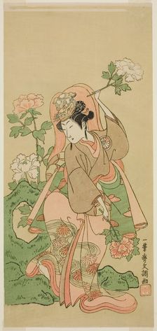 The Actor Segawa Kikunojo II in Shakkyo Dance in the Play Soga Moyo Aigo no..., c. 1769. Creator: Ippitsusai Buncho