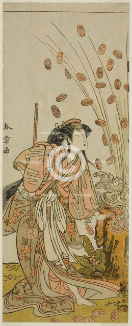 The Actor Segawa Kikunojo III as Hito-maru Disguised as the Courtesan Chiyozaki, in the..., c. 1775. Creator: Shunsho.