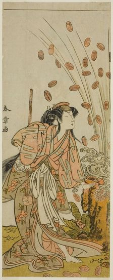 The Actor Segawa Kikunojo III as Hito-maru Disguised as the Courtesan Chiyozaki, in the..., c. 1775. Creator: Shunsho