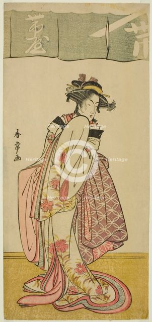 The Actor Segawa Kikunojo III as Shinanoya Ohan in the Play Kabuki no Hana Bandai..., c. 1781. Creator: Katsukawa Shunjo.