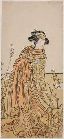 The Actor Segawa Kikunojo III as Spirit of a Mandarin Duck (Oshidori) Disguised as Taga..., c. 1775. Creator: Shunsho