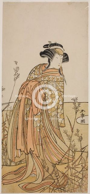 The Actor Segawa Kikunojo III as Spirit of a Mandarin Duck (Oshidori) Disguised as Taga..., c. 1775. Creator: Shunsho.
