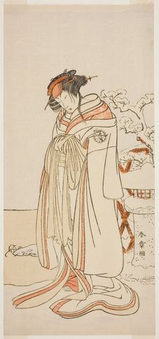 The Actor Segawa Kikunojo III as the Courtesan Kisewata (Tagasode) (?) in the Play Hana..., c. 1775. Creator: Shunsho