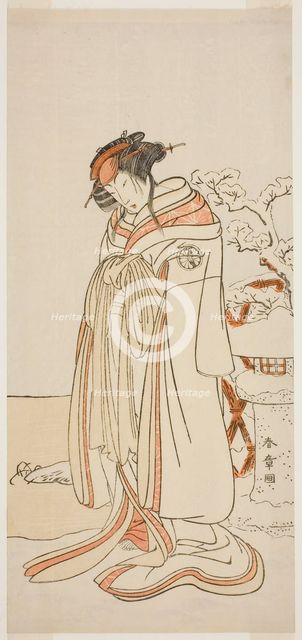 The Actor Segawa Kikunojo III as the Courtesan Kisewata (Tagasode) (?) in the Play Hana..., c. 1775. Creator: Shunsho.