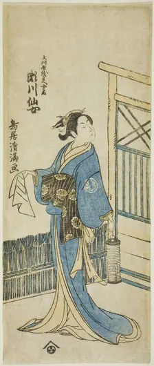 The Actor Segawa Senjo (Kikunojo III) as the wife of Amakawaya Gihei in the play "Kanadeho..., 1776. Creator: Torii Kiyomitsu