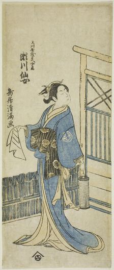 The Actor Segawa Senjo (Kikunojo III) as the wife of Amakawaya Gihei in the play "Kanadeho..., 1776. Creator: Torii Kiyomitsu