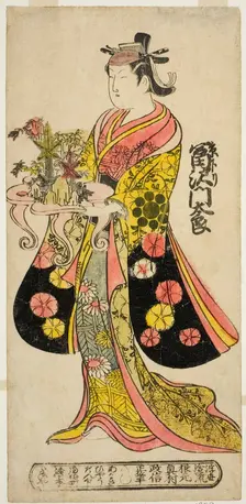 The Actor Tomizawa Montaro I as Miyako no Mae in the play "Izu Genji Horai Yakata," perfor..., 1736. Creator: Okumura Masanobu