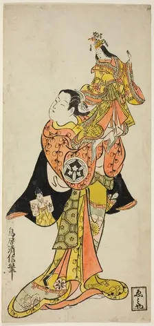 The Actor Yamashita Kinsaku holding a puppet of the Empress in the play "Diary Kept on a J..., 1725. Creator: Torii Kiyonobu II