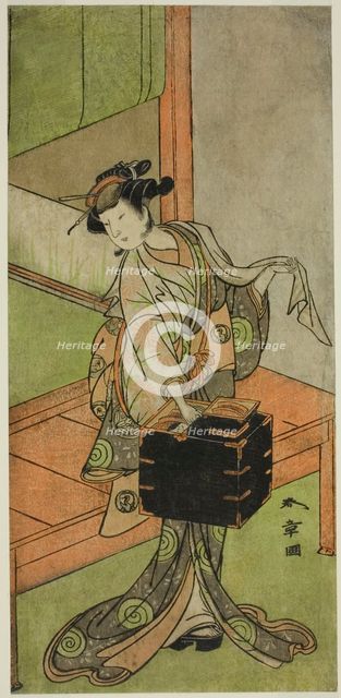 The Actor Yamashita Kinsaku II as Miyagino Disguised as a Hairdresser in the Play..., c. 1772. Creator: Shunsho.