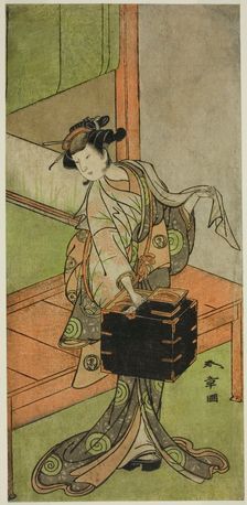 The Actor Yamashita Kinsaku II as Miyagino Disguised as a Hairdresser in the Play..., c. 1772. Creator: Shunsho