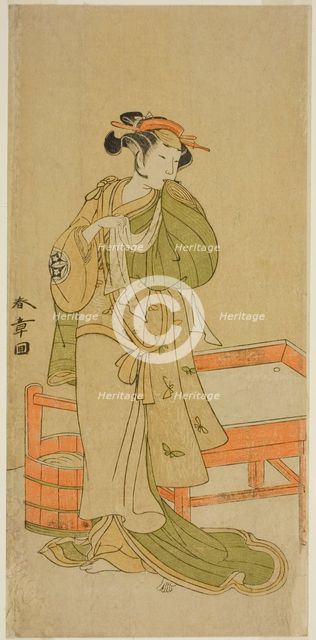 The Actor Yamashita Kinsaku II as Moshio in the Play Izu-goyomi Shibai no Ganjitsu..., c.1772. Creator: Shunsho.