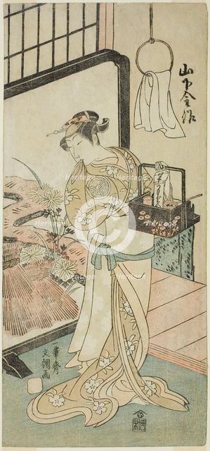 The Actor Yamashita Kinsaku II as Oume, Wife of Kisaku, in the Play Nue no Mori Ichiyo..., c1770. Creator: Ippitsusai Buncho.