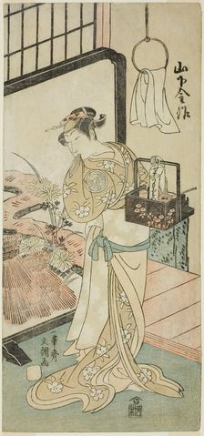 The Actor Yamashita Kinsaku II as Oume, Wife of Kisaku, in the Play Nue no Mori Ichiyo..., c1770. Creator: Ippitsusai Buncho