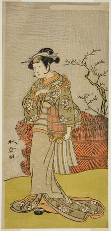 The Actor Yamashita Kinsaku II as Osaku (?) in the Play Onna Aruji Hatsuyuki no Sekai,..., c. 1773. Creator: Shunsho