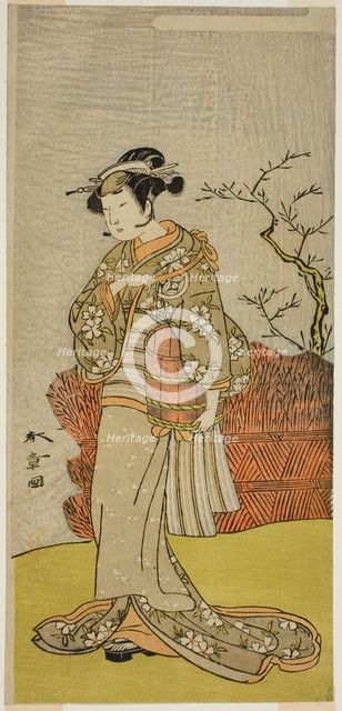 The Actor Yamashita Kinsaku II as Osaku (?) in the Play Onna Aruji Hatsuyuki no Sekai,..., c. 1773. Creator: Shunsho.