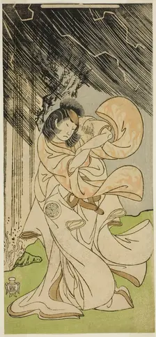 The Actor Yamashita Kinsaku II as a Thunder Goddess in the Play Onna Narukami..., c. 1770. Creator: Shunsho
