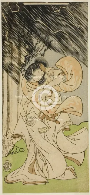 The Actor Yamashita Kinsaku II as a Thunder Goddess in the Play Onna Narukami..., c. 1770. Creator: Shunsho.