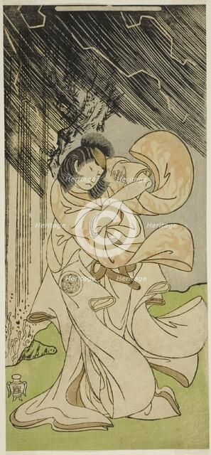 The Actor Yamashita Kinsaku II as a Thunder Goddess in the Play Onna Narukami..., c. 1770. Creator: Shunsho.