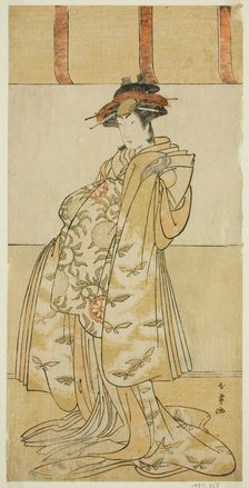 The Actor Yamashita Mangiku I as Kewaizaka no Shosho in the Play Nanakusa Yosooi..., c. 1782. Creator: Katsukawa Shunjo