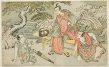 The Actors Tomizawa Hanzaburo II as Nagoya Sanzaemon (often called Sanza) (right), Naka..., c. 1772. Creator: Shunsho