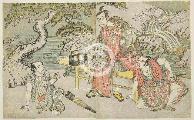 The Actors Tomizawa Hanzaburo II as Nagoya Sanzaemon (often called Sanza) (right), Naka..., c. 1772. Creator: Shunsho.