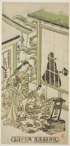 The Actors Utagawa Shirogoro as Ukishima Daihachi and Sanogawa Senzo as Senju no Mae, c. 1745. Creator: Torii Kiyonobu II