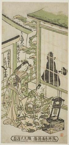 The Actors Utagawa Shirogoro as Ukishima Daihachi and Sanogawa Senzo as Senju no Mae, c. 1745. Creator: Torii Kiyonobu II