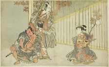 The Actors Yamashita Kinsaku II as Mutsuhana (right), Bando Mitsugoro I as Kashiwagi n..., c. 1771/7 Creator: Shunsho