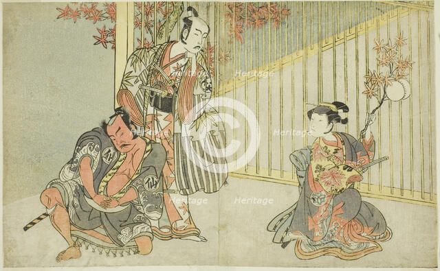 The Actors Yamashita Kinsaku II as Mutsuhana (right), Bando Mitsugoro I as Kashiwagi n..., c. 1771/7 Creator: Shunsho.