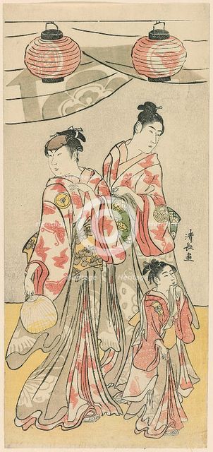 The Actors Yamashita Mangiku, Iwai Hanshiro IV, and Iwai Kumesaburo from a pentaptych of e..., 1788. Creator: Torii Kiyonaga.