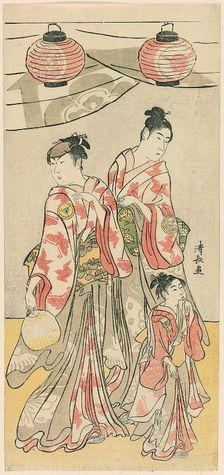The Actors Yamashita Mangiku, Iwai Hanshiro IV, and Iwai Kumesaburo from a pentaptych of e..., 1788. Creator: Torii Kiyonaga