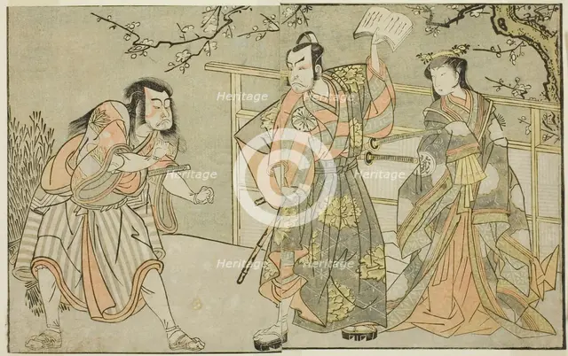 The Actors Yamashita Yaozo I as Ono no Komachi (right), Matsumoto Koshiro II as Godai..., c. 1772. Creator: Shunsho.