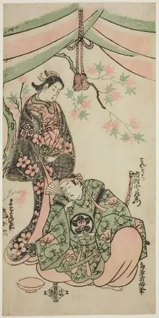 The Actors Arashi Koroku I as Makomo no Mae and Ichikawa Uzaemon VIII as Taira no Koremoch..., 1747. Creator: Torii Kiyomasu