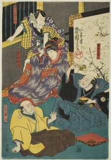 The actors Arashi Kichisaburo III as Aboshi Samojiro, Onoe Kikugoro II as Hamaji, Nakam..., c. 1852. Creator: Utagawa Kuniyoshi