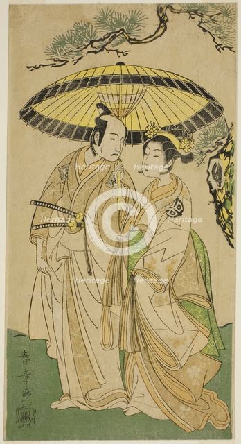 The Actors Arashi Hinaji I (right), and Ichikawa Komazo II (left), as Princess Sakura..., c. 1769. Creator: Shunsho.