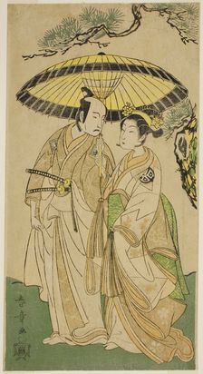 The Actors Arashi Hinaji I (right), and Ichikawa Komazo II (left), as Princess Sakura..., c. 1769. Creator: Shunsho