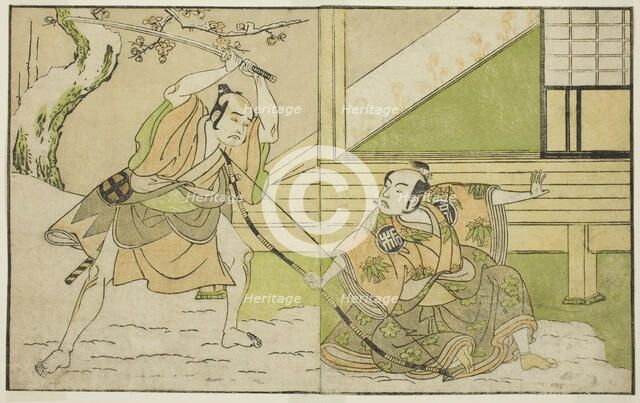 The Actors Arashi Sangoro II as Hojo Tokiyori (right), and Otani Hiroji III as Koga Sab..., c. 1772. Creator: Shunsho.