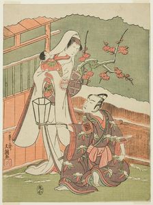 The Actors Arashi Sangoro II as Minamoto no Yoritomo Disguised as the Hat Maker..., c. 1770. Creator: Ippitsusai Buncho