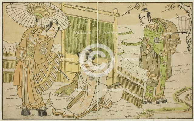 The Actors Arashi Sangoro II as Minamoto no Yoritomo (right), Segawa Kikunojo II as Yuk..., c. 1772. Creator: Shunsho.
