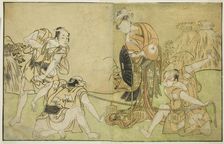 The Actors Bando Zenji I as Nagahashi Saburo, Iwai Hanshiro IV as Otatsu-gitsune, Nakam..., c. 1772. Creator: Shunsho