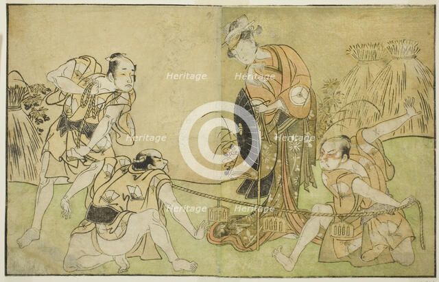 The Actors Bando Zenji I as Nagahashi Saburo, Iwai Hanshiro IV as Otatsu-gitsune, Nakam..., c. 1772. Creator: Shunsho.