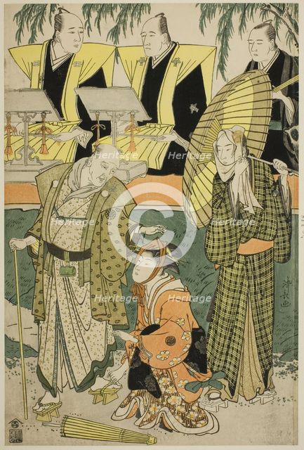 The Actors Bando Matakuro IV as Chubei, Osagawa Tsuneyo II as Umegawa, and Nakamura Katsug..., 1783. Creator: Torii Kiyonaga.