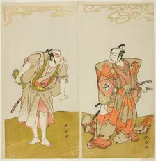 The Actors Bando Mitsugoro I as Hata no Kawakatsu (right), and Otani Hiroemon III as..., c. 1773. Creator: Shunsho