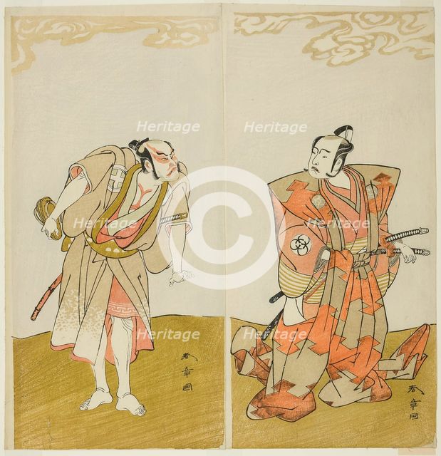 The Actors Bando Mitsugoro I as Hata no Kawakatsu (right), and Otani Hiroemon III as..., c. 1773. Creator: Shunsho.