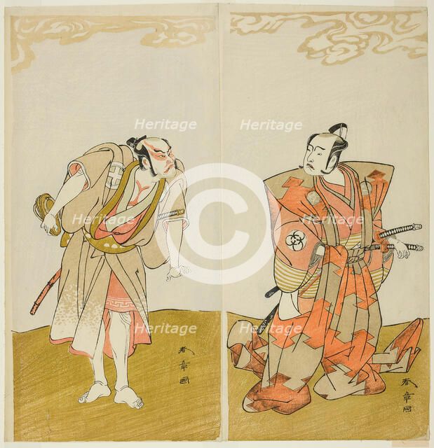 The Actors Bando Mitsugoro I as Hata no Kawakatsu (right), and Otani Hiroemon III as..., c. 1773. Creator: Shunsho.