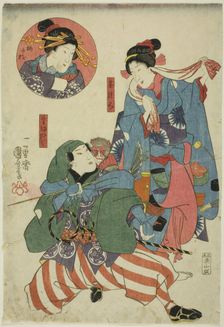 The actors Bando Shuka I as a Tea Picker (Chatsumi), Ichimura Uzaemon XII as a Monkey..., c. 1847. Creator: Utagawa Kuniyoshi