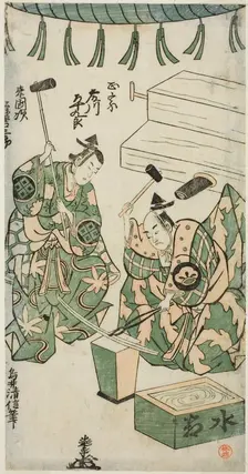 The Actors Fujikawa Heikuro as Masamune and Matsushima Kichisaburo as Rai Kunitsugu in the..., 1746. Creator: Torii Kiyonobu II