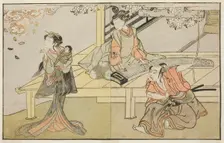 The Actors Ichikawa Yaozo II as Yoshimine no Munesada (right), Yoshizawa Sakinosuke III..., c. 1772. Creator: Shunsho