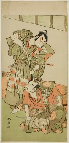 The Actors Ichikawa Yaozo II as Konoshita Hyokichi (?) (right), and Sakata Hangoro II..., c. 1775. Creator: Shunsho