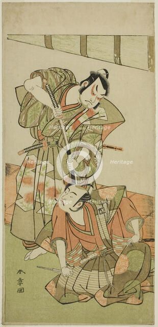 The Actors Ichikawa Yaozo II as Konoshita Hyokichi (?) (right), and Sakata Hangoro II..., c. 1775. Creator: Shunsho.